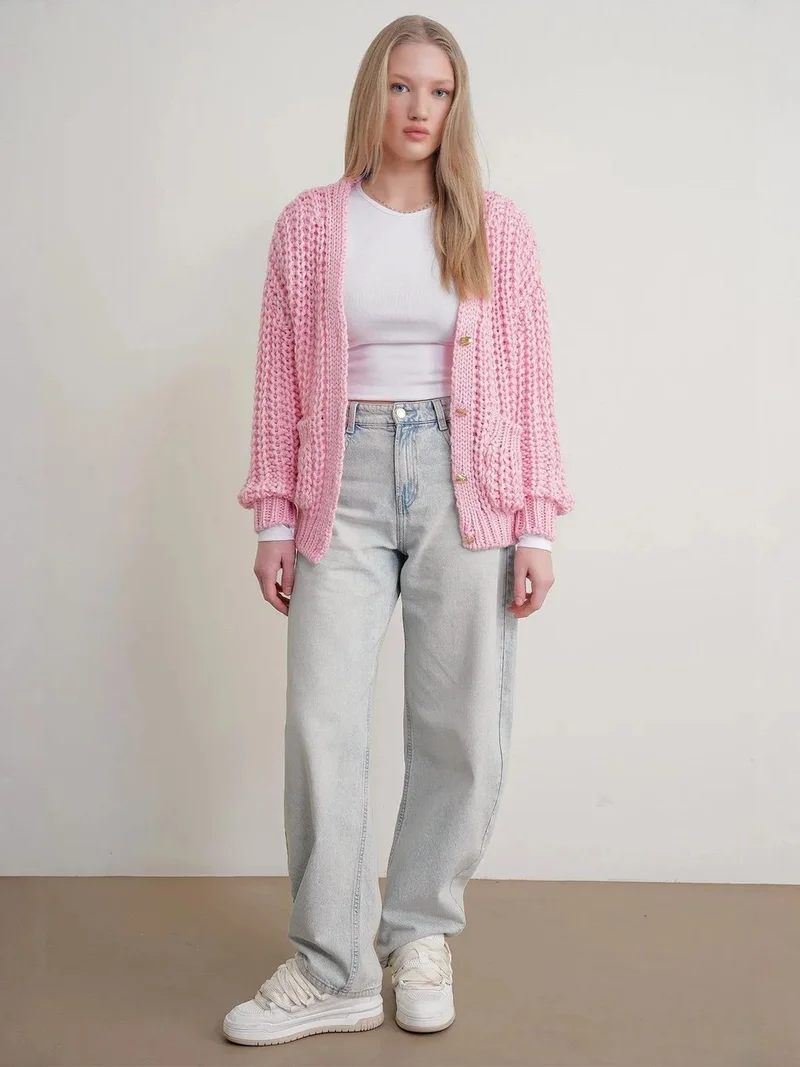 ميكسراي MIXRAY Oversized Ribbed Knit Cardigan with V-Neck and Pockets